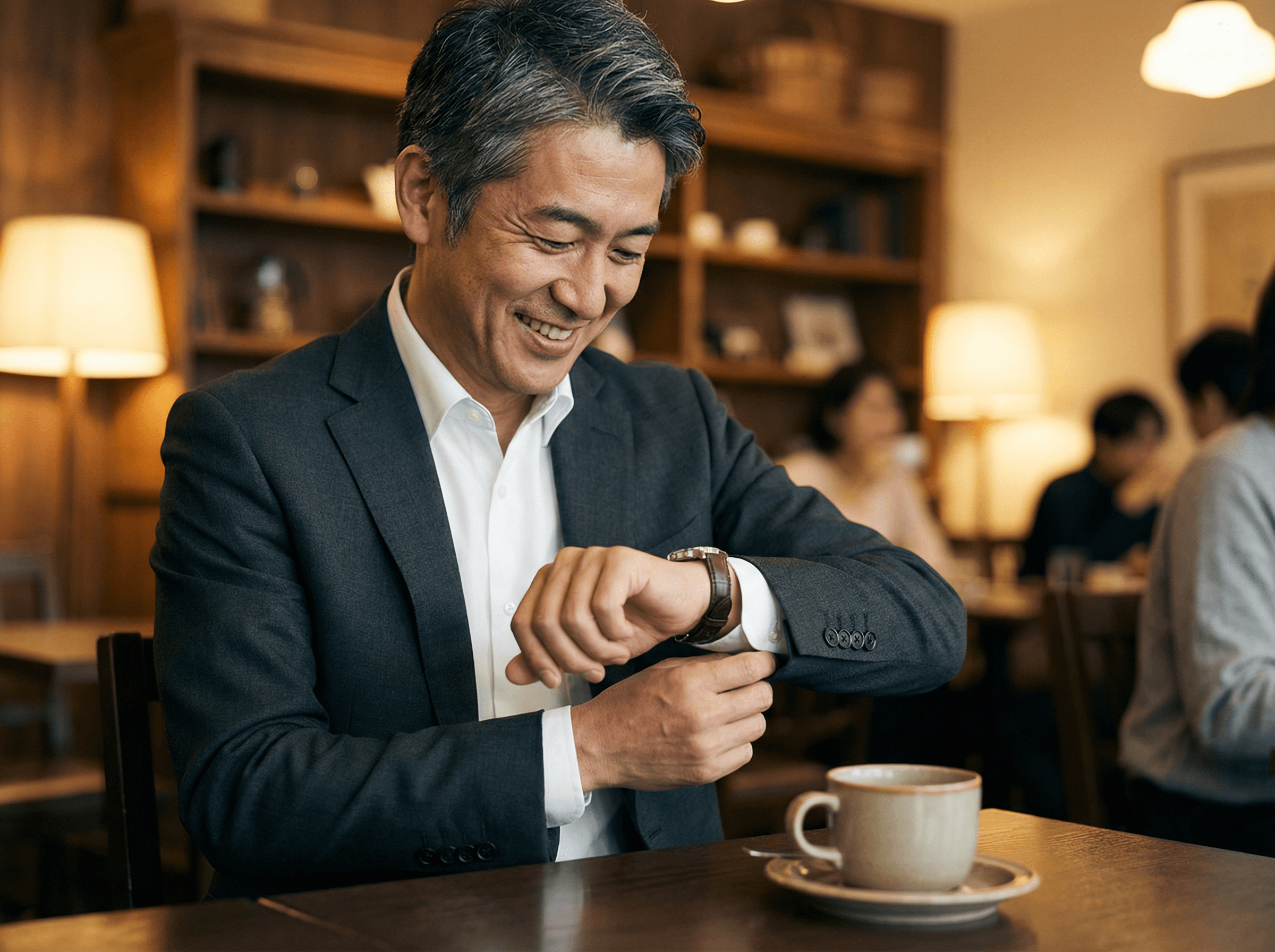 カフェでコーヒーを飲みながら、腕のLacoを満足げに眺める日本人男性