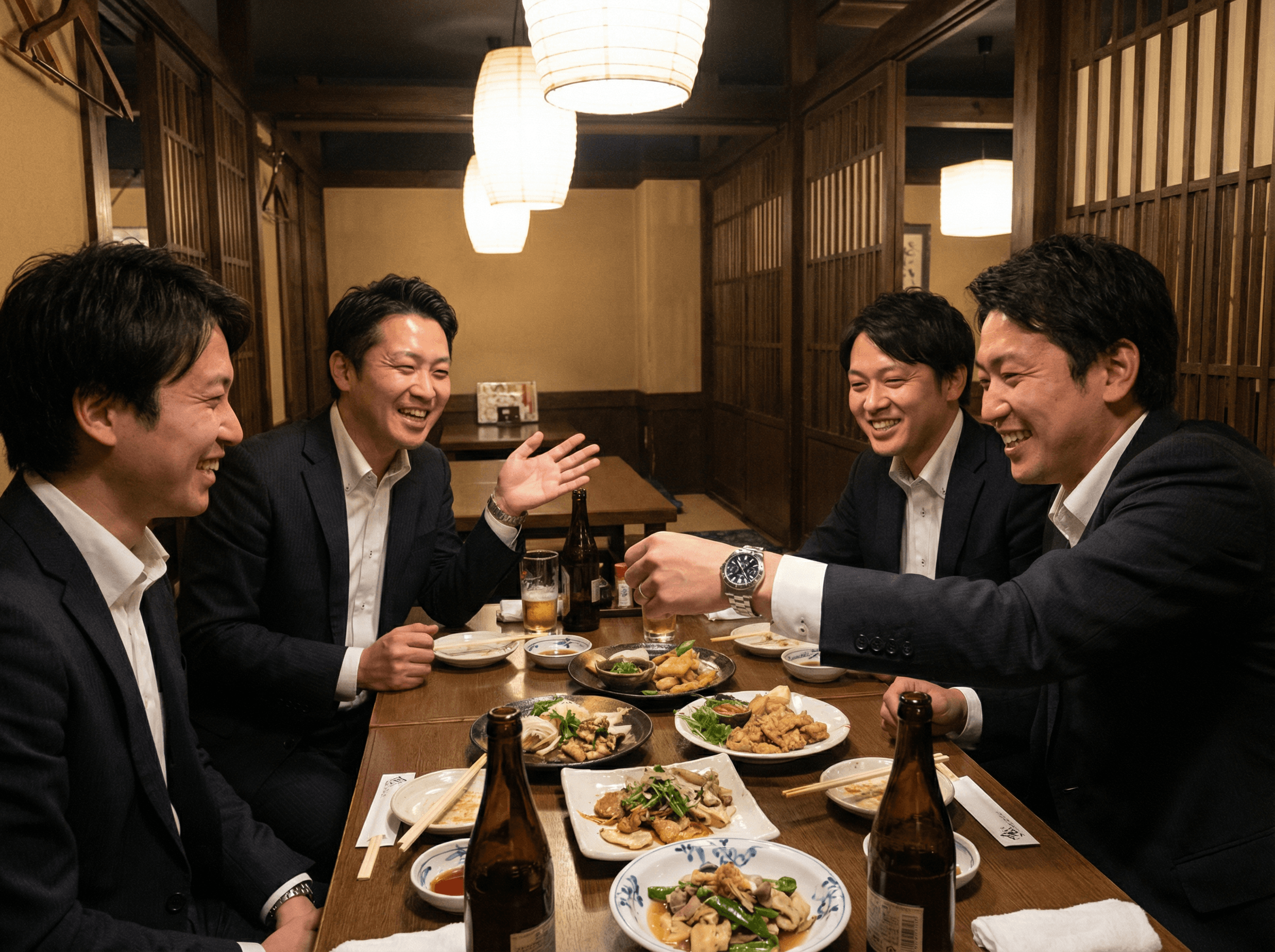 会食の場で時計の話題で楽しそうに話す日本人ビジネスマンたち